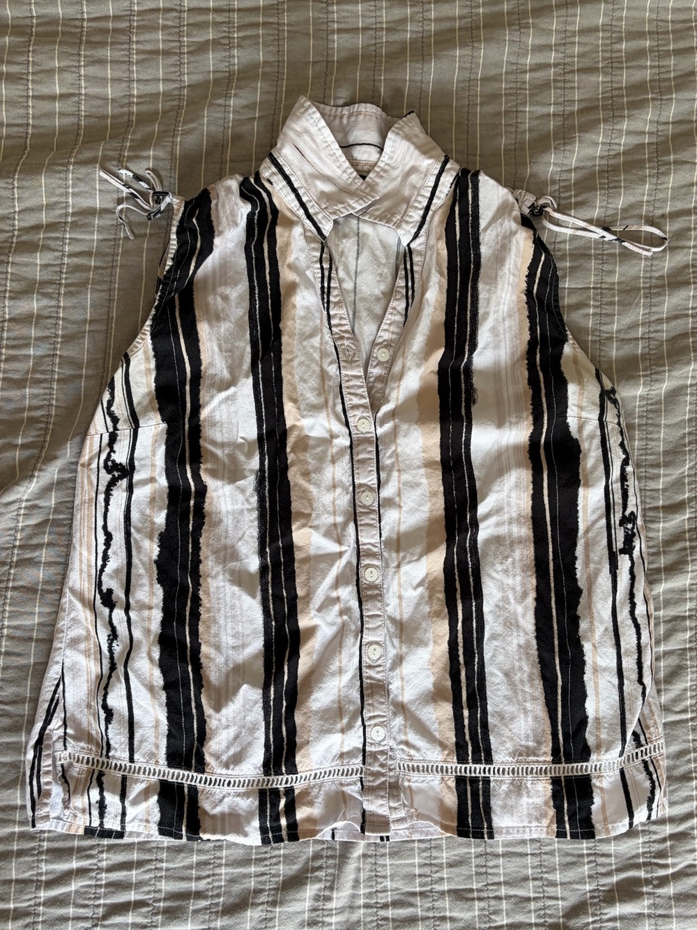 Erika Black and White Striped Sleeveless Button-Front Tank